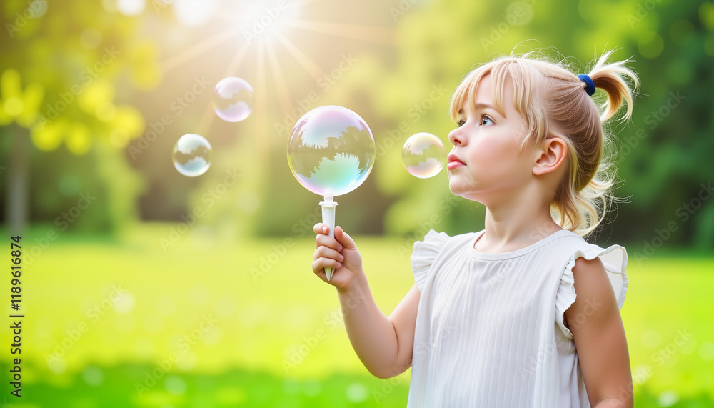 Playful child blowing iridescent bubbles in lush greenery, joyfulness Playful child blowing iridescent bubbles in lush greenery, joyfulness