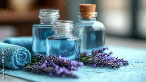 Lavender candles arranged on a marble surface with fresh lavender stalks at a...