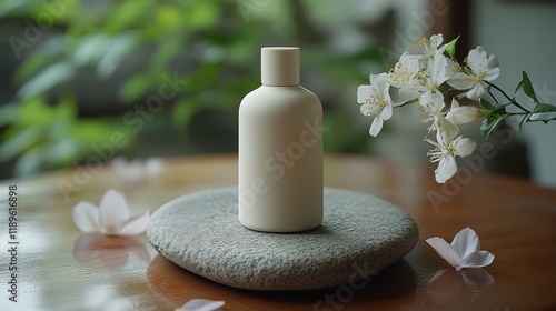 Clear beauty oil bottle surrounded by delicate flowers and smooth stones near...