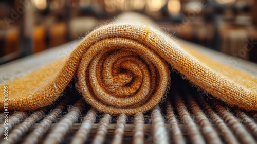 Woven fabric drying under warm sunlight in a craft workshop with vibrant flowers