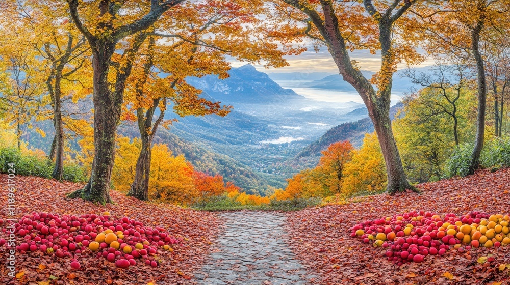 Naklejka premium Autumnal path, mountain valley vista, colorful foliage, misty sunrise