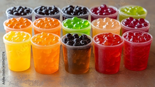 Colorful assortment of jellies in clear cups arranged on a table