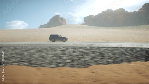 3d model luxury black car on desert highway. Very fast driving. 3d rendering.