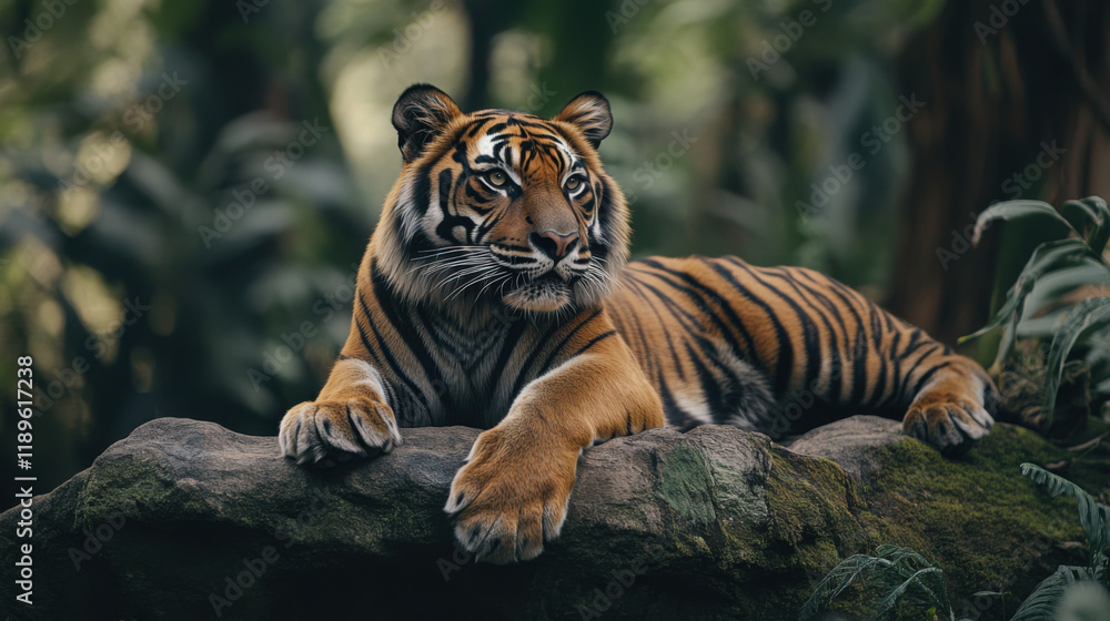 Obraz premium A Sumatran tiger with a regal posture, lying on a rock, gazing into the distance while its fur gleams in the soft light of the rainforest 