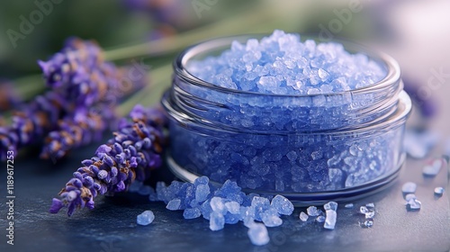Lavender bath salt with fragrant flowers on wooden surface for relaxation and...