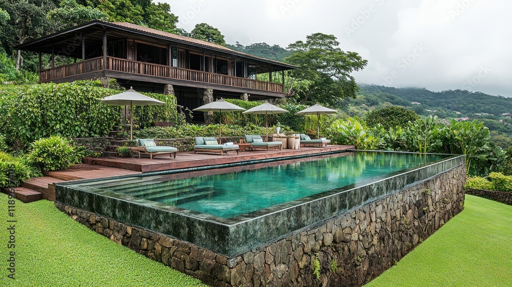 Naklejka premium Luxurious Tropical Villa with Infinity Pool Overlooking Lush Hillside - A Dream Getaway.