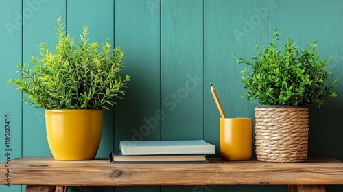 Stylish home decor featuring green plants and books on wooden shelf against t...