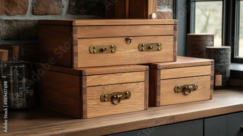 Wooden boxes with brass handles placed on a rustic wooden shelf among green p...