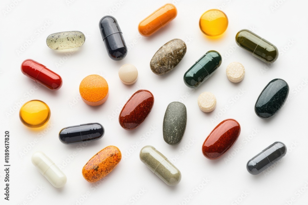 Variety of colorful pills and capsules arranged on a white background showcasing health and wellness options. Generative AI Variety of colorful pills and capsules arranged on a white background showcasing health and wellness options. Generative AI