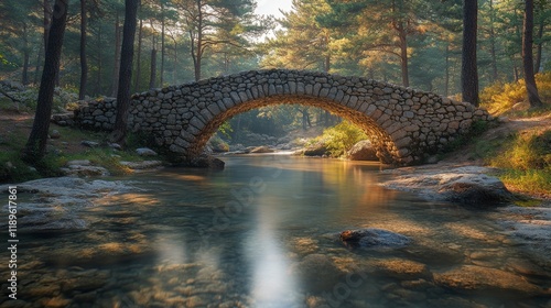 Stone bridge over calm water surrounded by autumn trees in a misty forest