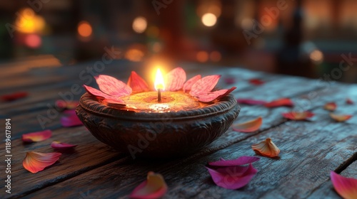 Flickering candlelight illuminates rustic wooden table during serene evening