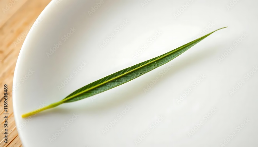 Fototapeta premium Single Green Leaf on White Plate: Minimalist Botanical Still Life