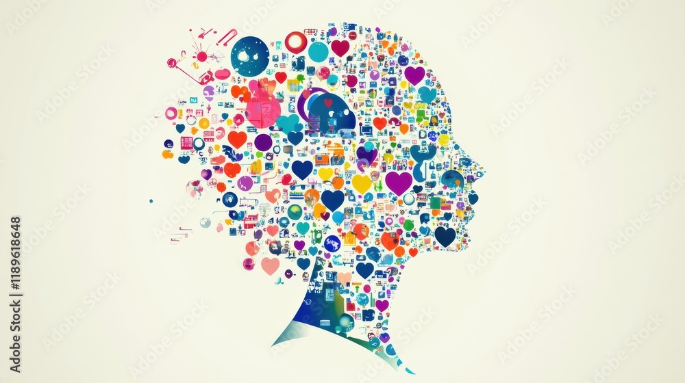 Colorful expression of a human face created with diverse icons representing thoughts and emotions. Generative AI Colorful expression of a human face created with diverse icons representing thoughts and emotions. Generative AI
