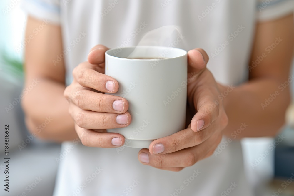 A man is holding a white coffee cup with steam coming out of it A man is holding a white coffee cup with steam coming out of it