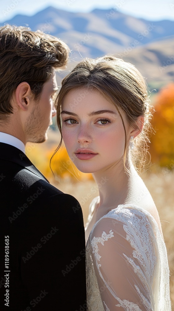 Romantic Mountain Top Wedding Moment: Bride and Groom Surrounded by Stunning Natural Landscape Romantic Mountain Top Wedding Moment: Bride and Groom Surrounded by Stunning Natural Landscape