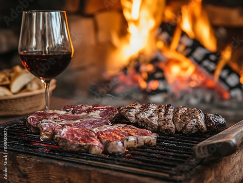 Grilling meat steaks with a glass of wine