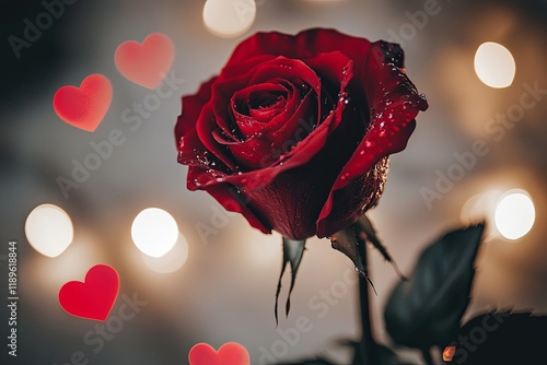 St. Valentine's Day background, red rose, water droplets on petals, heart-shaped side background – an expression of love and romance in floral design. photo