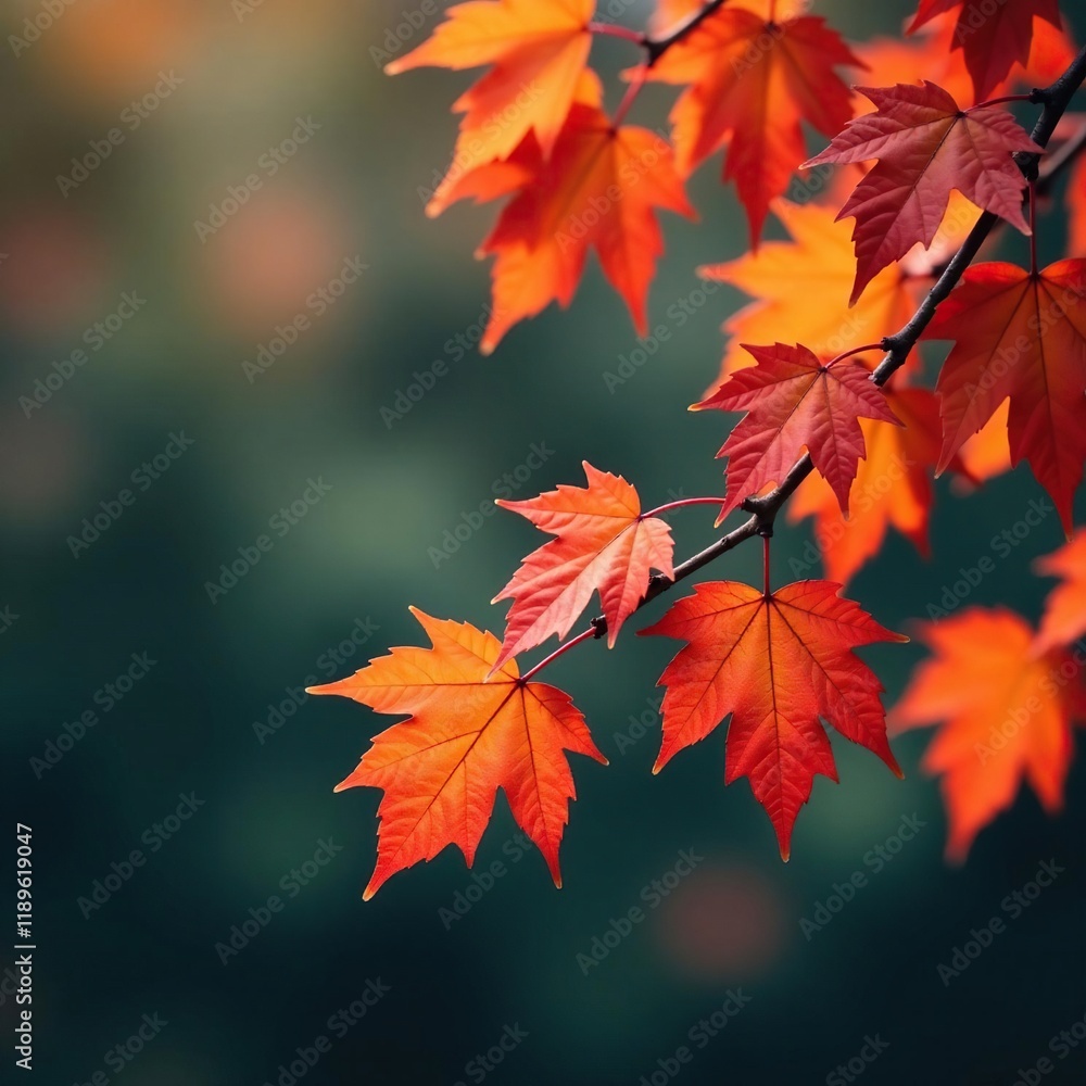 Softly glowing orange-red leaves dangle from slender tree limbs, deciduous tree, autumn Softly glowing orange-red leaves dangle from slender tree limbs, deciduous tree, autumn