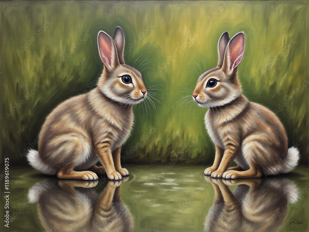 Fototapeta premium A detailed and realistic painting of two rabbits sitting side by side, reflecting on a calm, tranquil surface with a soft green background.