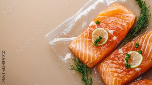 Fresh salmon fillets with lemon and dill - vacuum packed for preservation and flavor photo