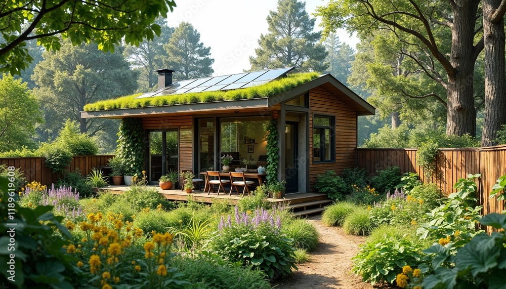 sustainable cabin with a green roof, solar panels, and a self-sufficiency garden surrounded by lush greenery sustainable cabin with a green roof, solar panels, and a self-sufficiency garden surrounded by lush greenery