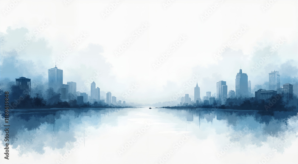 Abstract watercolor cityscape. Modern metropolis silhouette reflected in calm water. Abstract watercolor cityscape. Modern metropolis silhouette reflected in calm water.