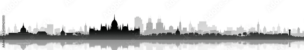 Fototapeta premium A minimalist black and white silhouette of a city skyline, featuring various architectural styles and a reflective water surface.