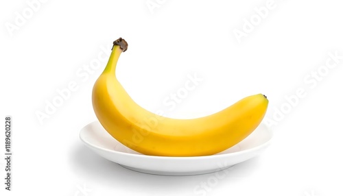 Single Ripe Banana on a White Plate: Minimalist Still Life photo