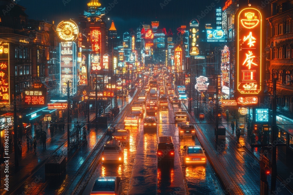 Obraz premium A vibrant cityscape at night, illuminated by neon lights and bustling traffic.
