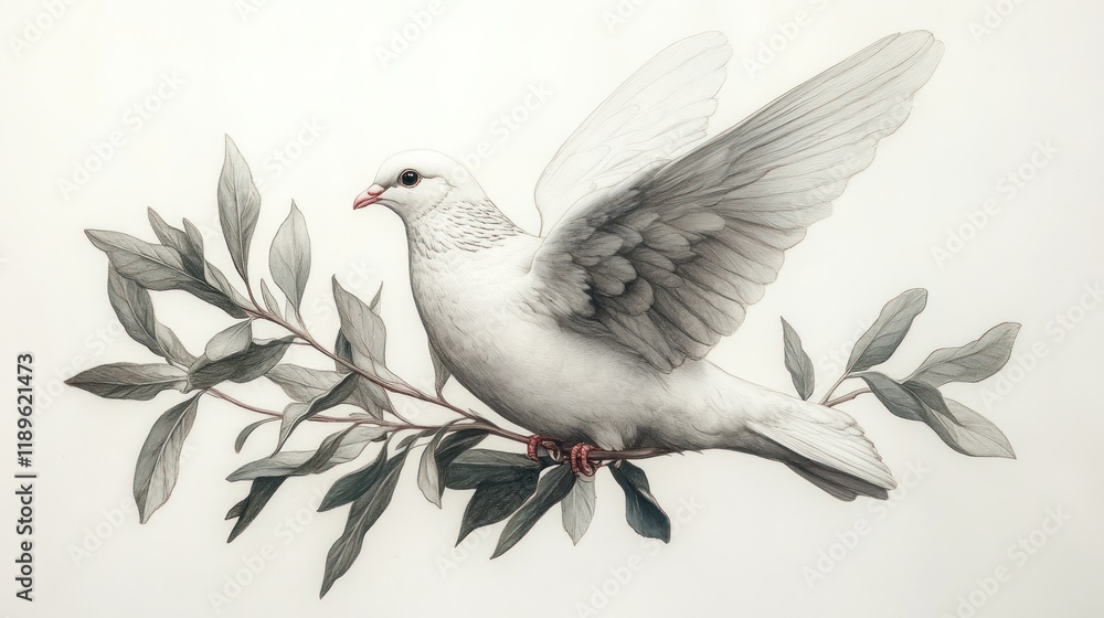 White dove peace symbol perched olive branch, soft background, spiritual design White dove peace symbol perched olive branch, soft background, spiritual design