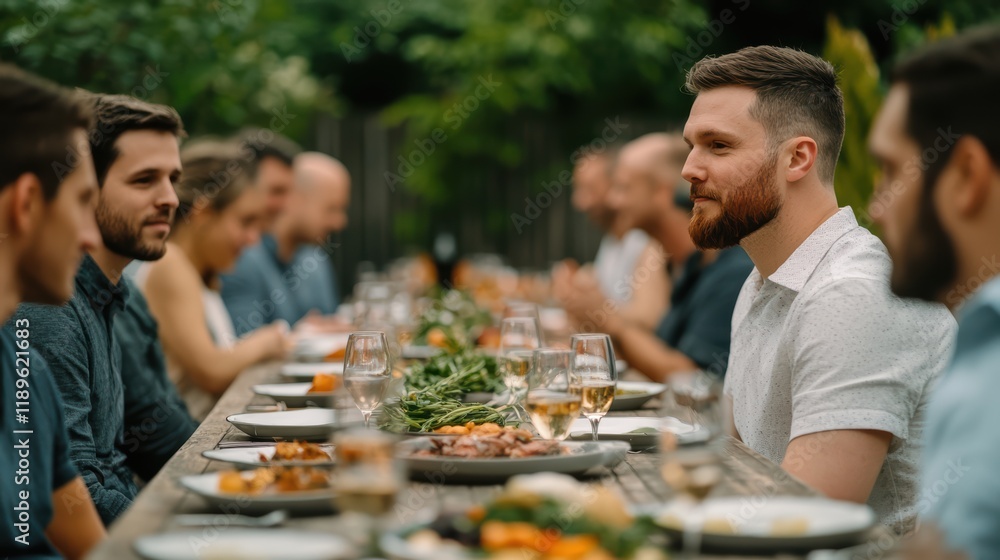 Caucasian adults dining outdoors: a gathering of friends sharing a meal Caucasian adults dining outdoors: a gathering of friends sharing a meal