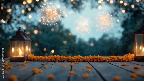 Marigold garlands decorate wooden table at night. Fireworks illuminate dark sky. Warm light from lanterns add to festive atmosphere. Diwali celebration visible. Festive ambiance evoked. Traditional photo