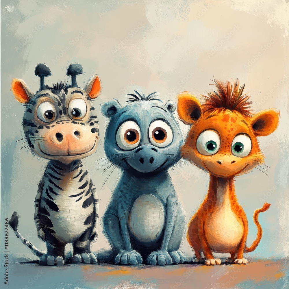 Fototapeta premium Three Adorable Cartoon Animals Sitting Together