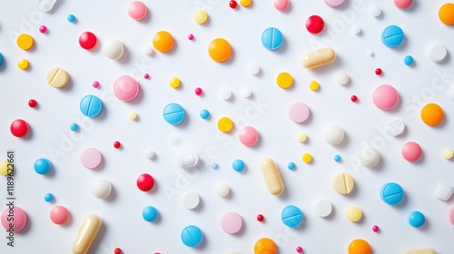 Colorful assortment of various pills and capsules spread on a white surface in a vibrant display of medications and supplements. Generative AI