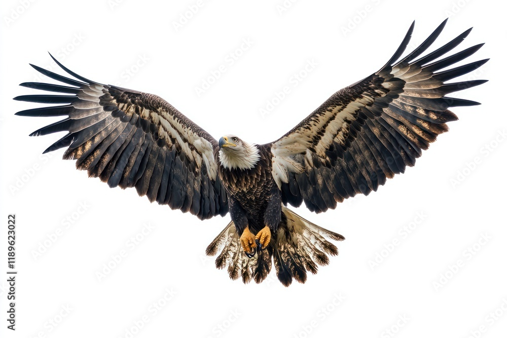 Obraz premium Bald eagle in flight, wings spread, white background, wildlife, nature