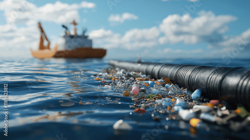 Floating Ocean Cleanup System Collecting Plastic Waste with Ship in Background photo