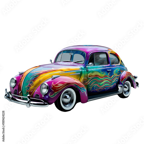 illustration art of vintage car painted wild colors flame style isolated on transparent background or awesome colorful toy photo