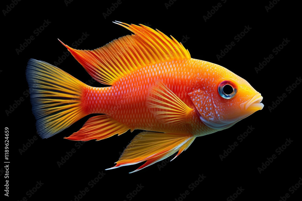 Vibrant orange fish, flamboyant fins, black background. Vibrant orange fish, flamboyant fins, black background.
