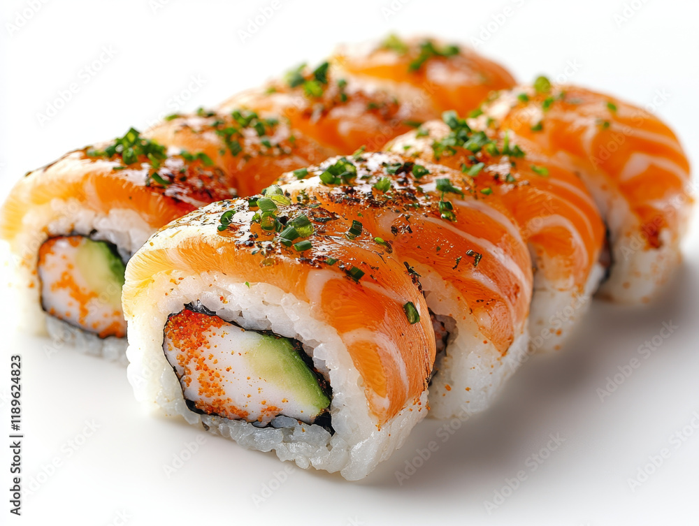 Salmon Sushi Rolls with Avocado and Tobiko. Salmon Sushi Rolls with Avocado and Tobiko.