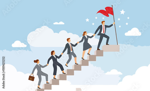 Business Leadership Concept. Vector illustration in flat style of group of diverse people in business outfits walking up the steps following a leader looking ahead. Isolated on background