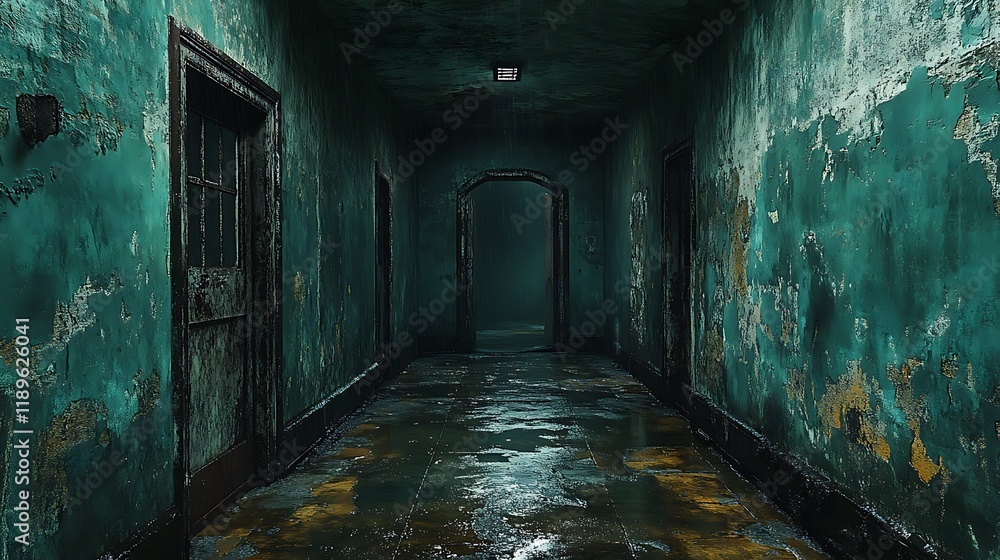 Dark, eerie hallway in an abandoned building with peeling paint, wet floor, and old doors. Dark, eerie hallway in an abandoned building with peeling paint, wet floor, and old doors.