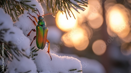 A visually captivating rendering of a Christmas beetle (Anoplognathus spp.) with its striking colors set against a festive wreath. photo