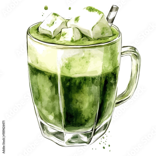 A watercolor of matcha hot chocolate, isolated on a white background. Matcha hot chocolate vector.
