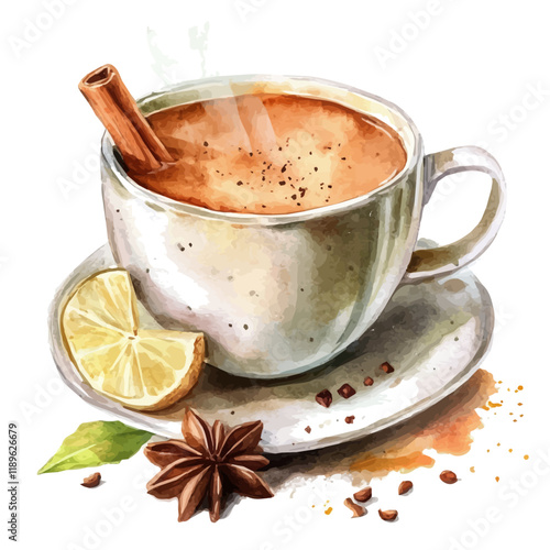 A watercolor vector of masala chai, isolated on a white background. Masala chai vector.
