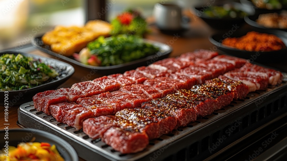 Delicious marinated beef cubes arranged on a grill with assorted side dishes. Delicious marinated beef cubes arranged on a grill with assorted side dishes.