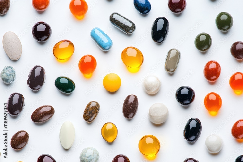 Variety of colorful pills and capsules arranged artistically on a white surface perfect for health and wellness visuals. Generative AI Variety of colorful pills and capsules arranged artistically on a white surface perfect for health and wellness visuals. Generative AI