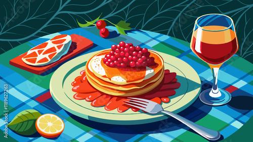 Pancake snack with red Russian caviar and a glass of wine