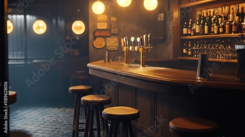 An inviting shot of a cozy bar atmosphere with dim lighting, showcasing wooden stools and a polished counter.