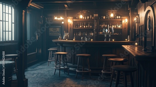 An inviting shot of a cozy bar atmosphere with dim lighting, showcasing wooden stools and a polished counter.