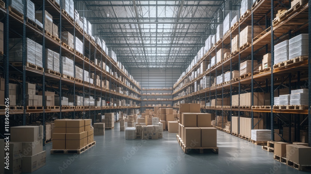 Fototapeta premium A spacious warehouse filled with stacked boxes and pallets, designed for storage and logistics.